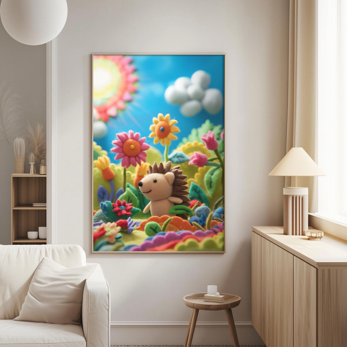 a vibrant and whimsical painting of a hedgehog surrounded by a colorful garden scene, including flowers, plants, and a bright blue sky.