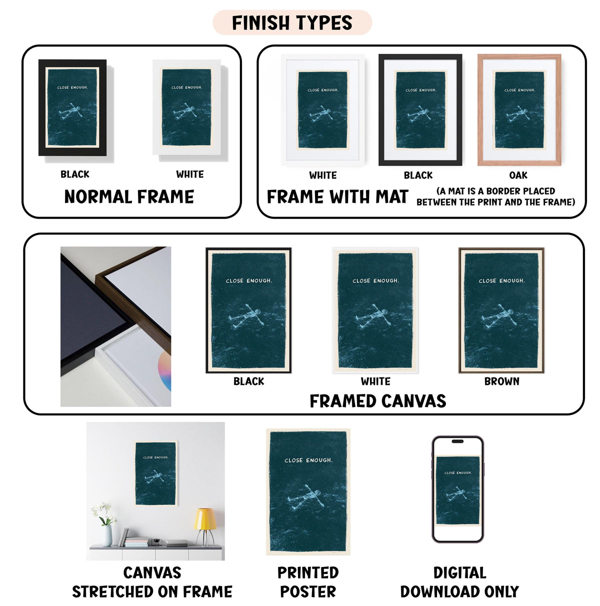 various finish types for canvas prints, including black, white, black, oak, white, framed canvas, and digital download only.