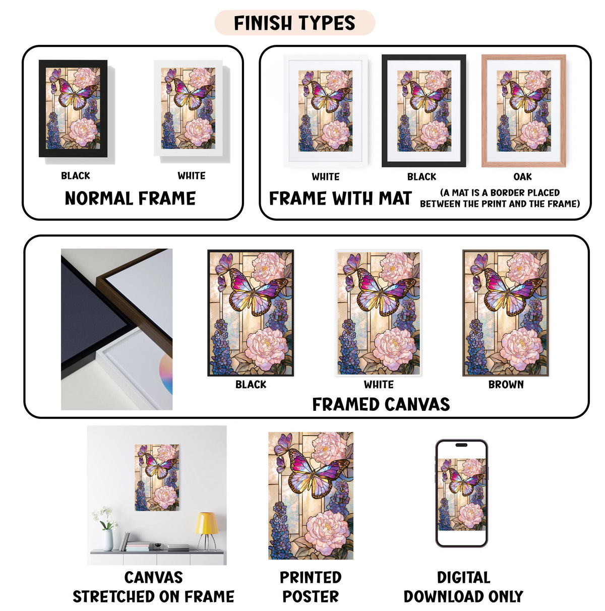 various images of framed artwork, including paintings and photographs, with different finishes and mat colors. It also includes information about the finish types and how the artwork is displayed.