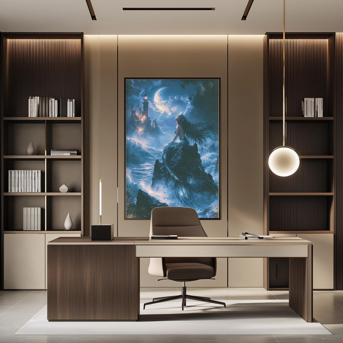 a modern office space with a large, colorful painting of a woman on a rock as the focal point. The painting is hung on the wall above a wooden desk, which has a chair and a lamp. The desk is positioned in front of a bookshelf, and a large window allows natural light to enter the room. The overall design of the space is contemporary and visually appealing.