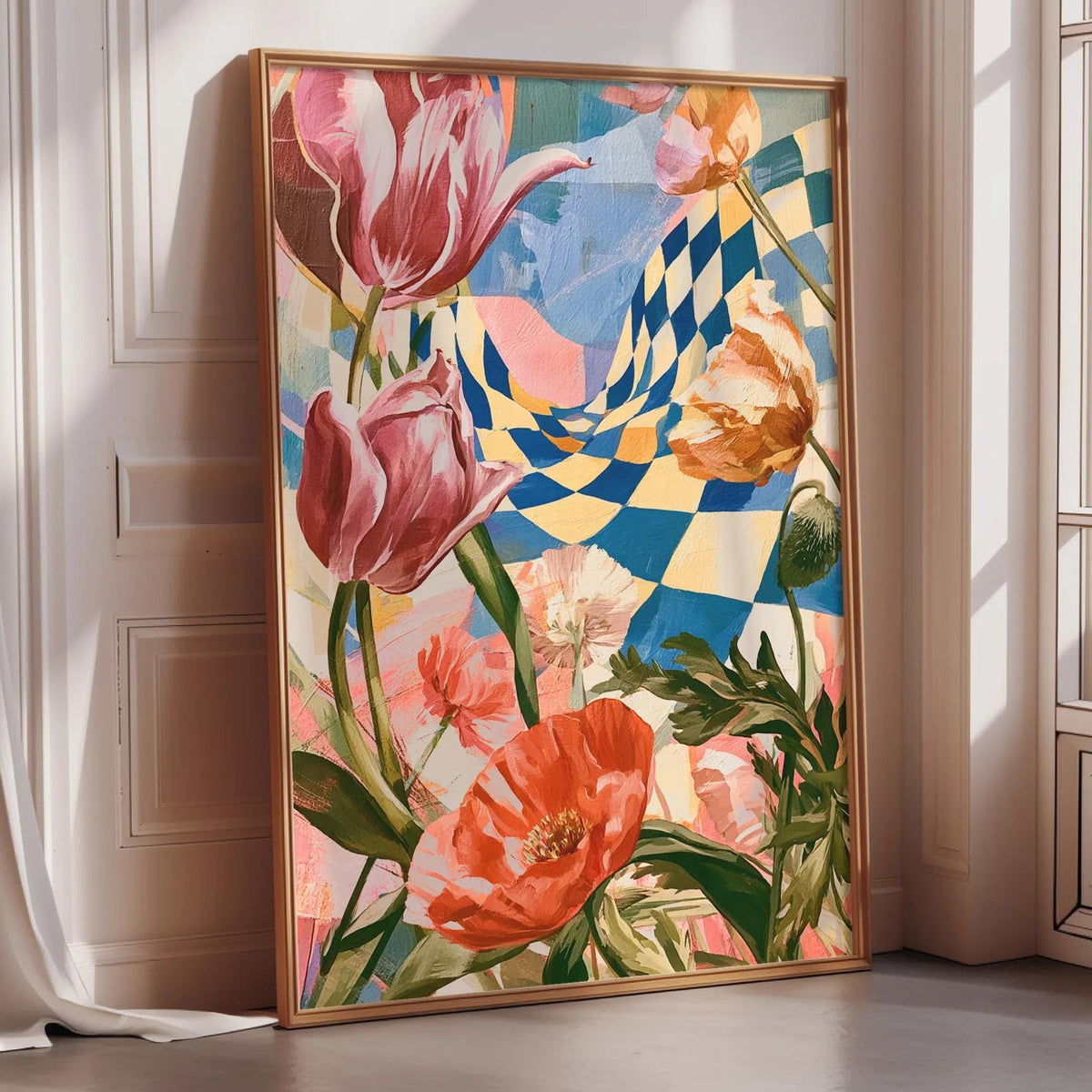 a large, colorful painting of flowers, including pink tulips and orange poppies, displayed on a wall in a room with a window.