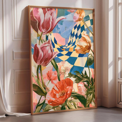 a large, colorful painting of flowers, including pink tulips and orange poppies, displayed on a wall in a room with a window.