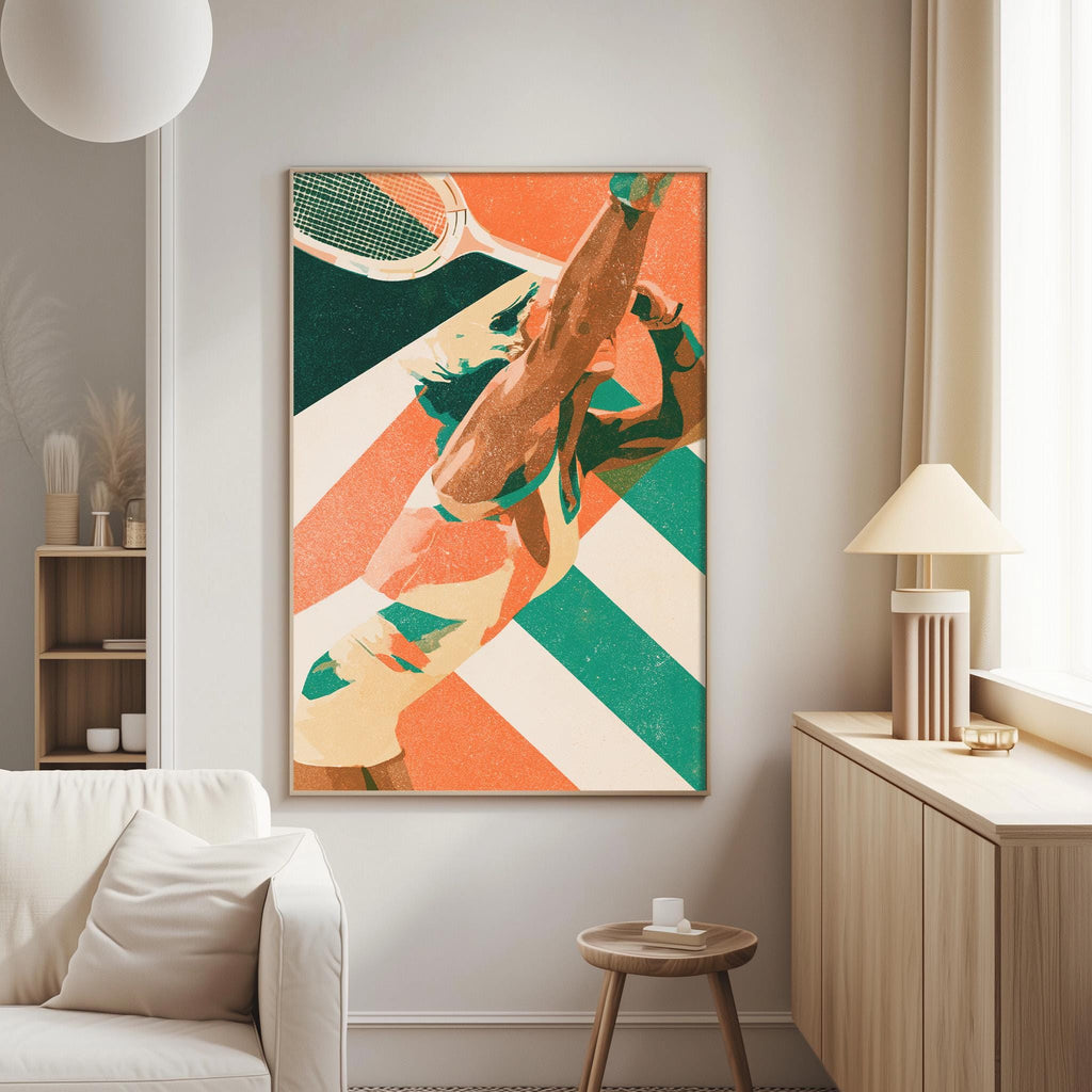 a large abstract painting of a tennis player in action, hanging on a wall in a living room setting.