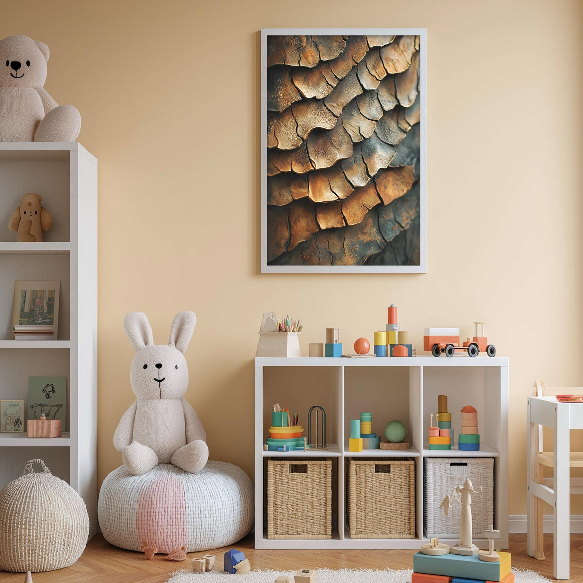 A cozy and colorful children's bedroom with a large stuffed rabbit, a bookshelf, and a toy storage unit filled with toys and books.