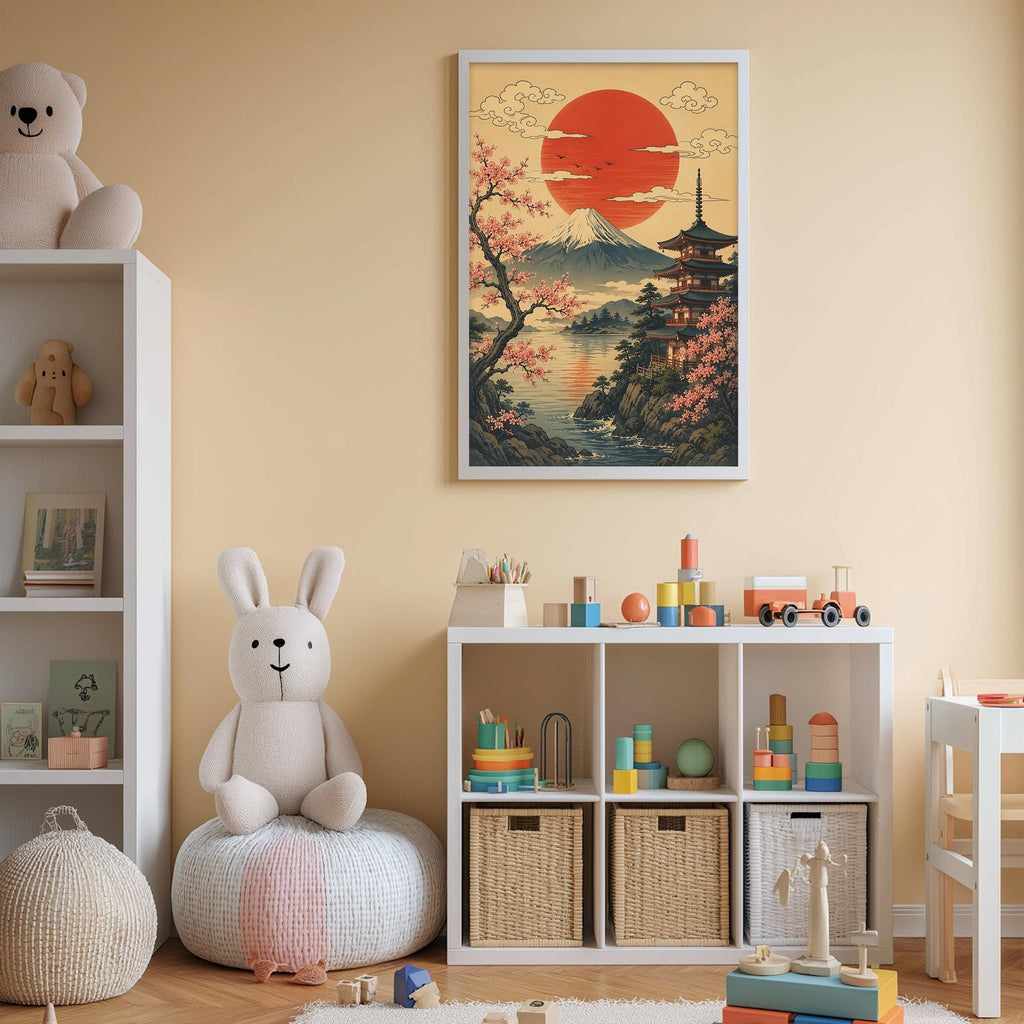 A child's bedroom with a large Japanese-style poster of a serene landscape, featuring a temple, mountains, and a red sun, hanging on the wall above a white bookshelf filled with toys and books.