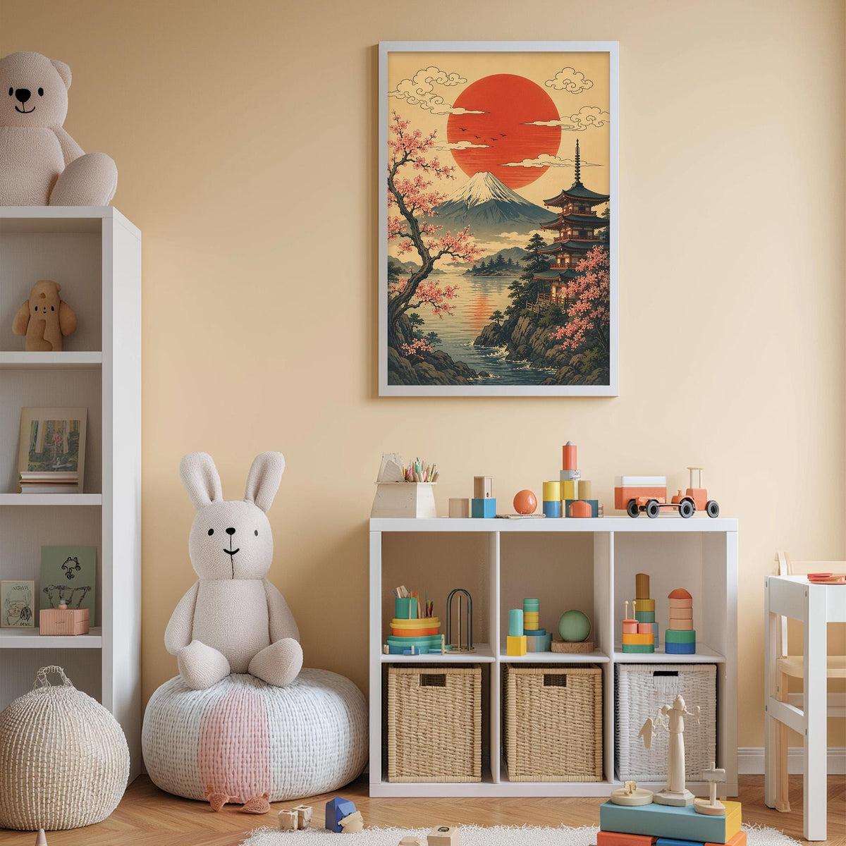 A child's bedroom with a large Japanese-style poster of a serene landscape, featuring a temple, mountains, and a red sun, hanging on the wall above a white bookshelf filled with toys and books.