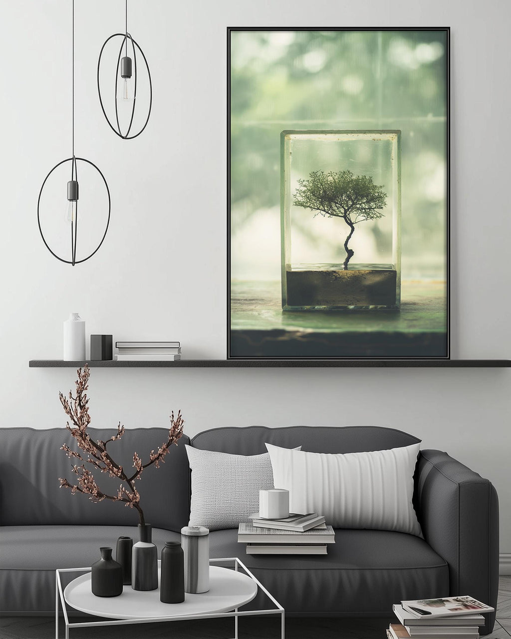 a modern living room with a gray sofa, a coffee table, and a large framed picture of a bonsai tree displayed on the wall above the sofa.