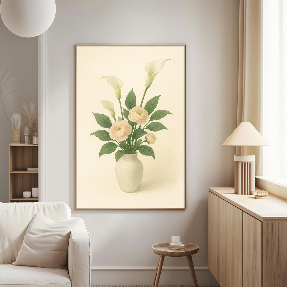 a living room with a large framed painting of a vase with flowers hanging on the wall. The painting is a beautiful representation of a vase filled with lilies and roses, creating a serene and elegant atmosphere in the room.