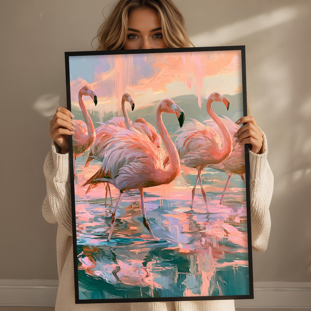 A woman holds up a framed painting of three flamingos in a serene, colorful scene.