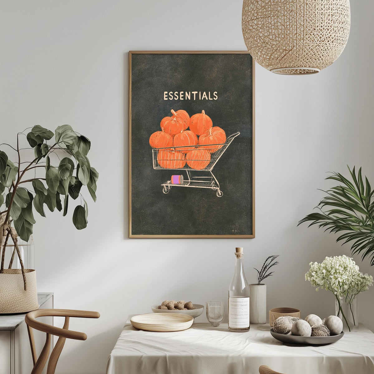a dining table with a white tablecloth, a bowl of fruit, a bottle, and a vase with flowers. Above the table, there is a framed poster with a shopping cart full of pumpkins, and the word "ESSENTIALS" is written on it.