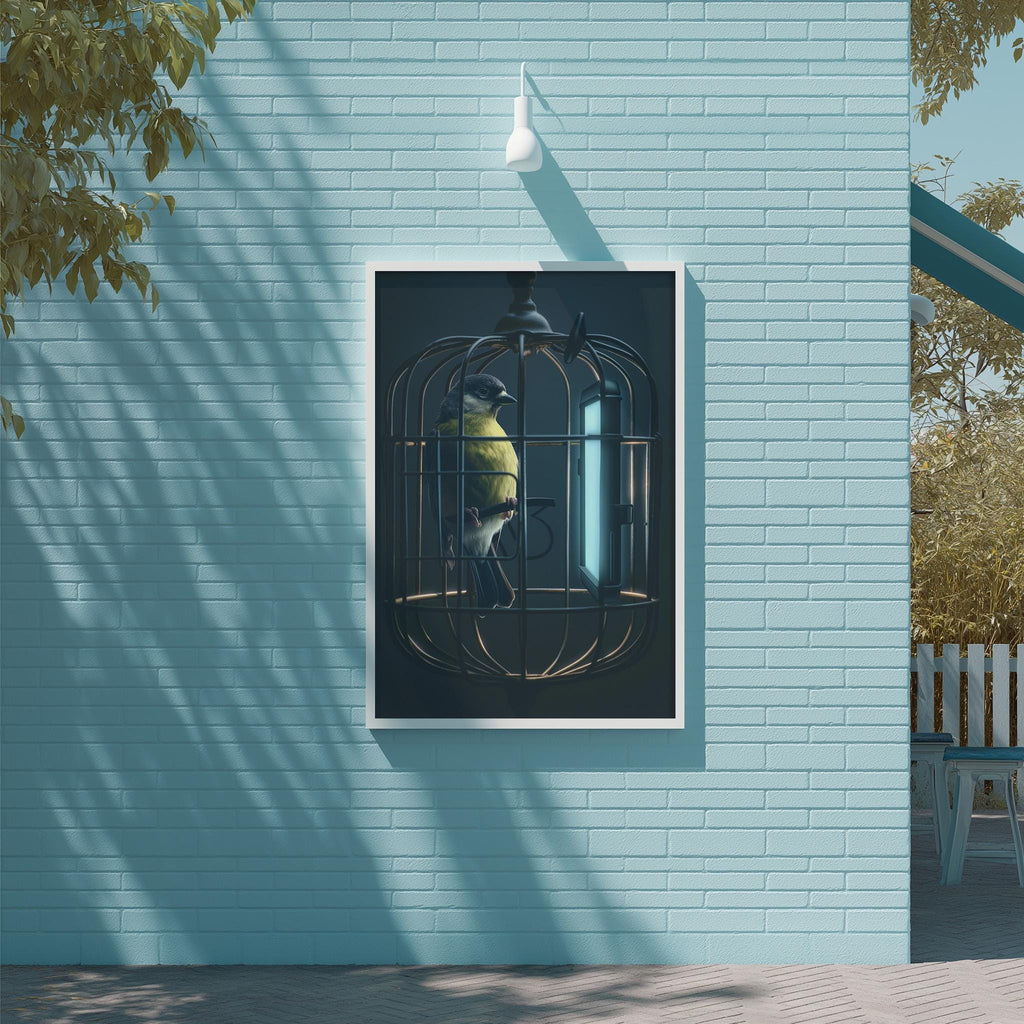 A framed painting of a bird in a cage is displayed on a light blue brick wall.