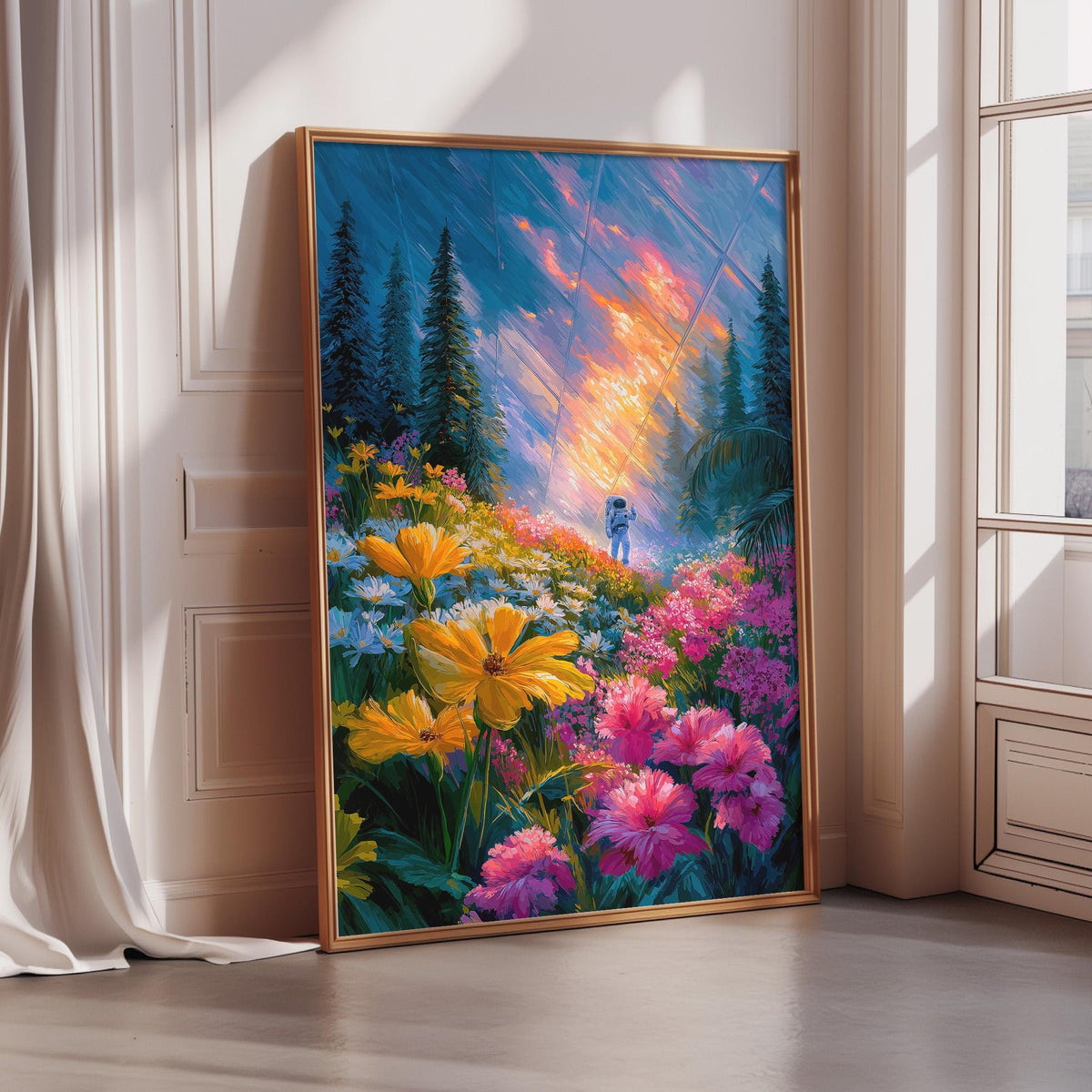 a vibrant and colorful painting of a lush garden with a variety of flowers, including yellow and pink blooms, surrounded by a forest. The painting is framed and displayed on a wall, creating a visually striking and inviting scene.