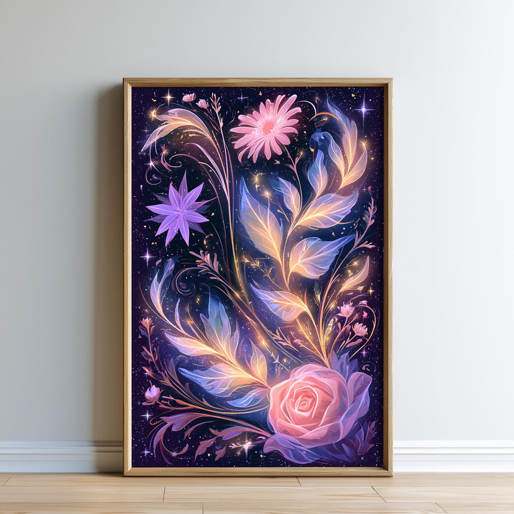 The image is a framed artwork depicting a vibrant and fantastical floral scene with various flowers and leaves against a starry night sky background.