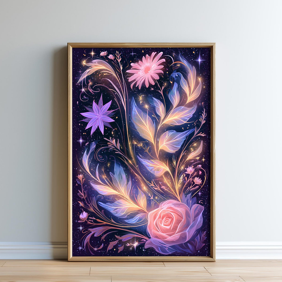The image is a framed artwork depicting a vibrant and fantastical floral scene with various flowers and leaves against a starry night sky background.