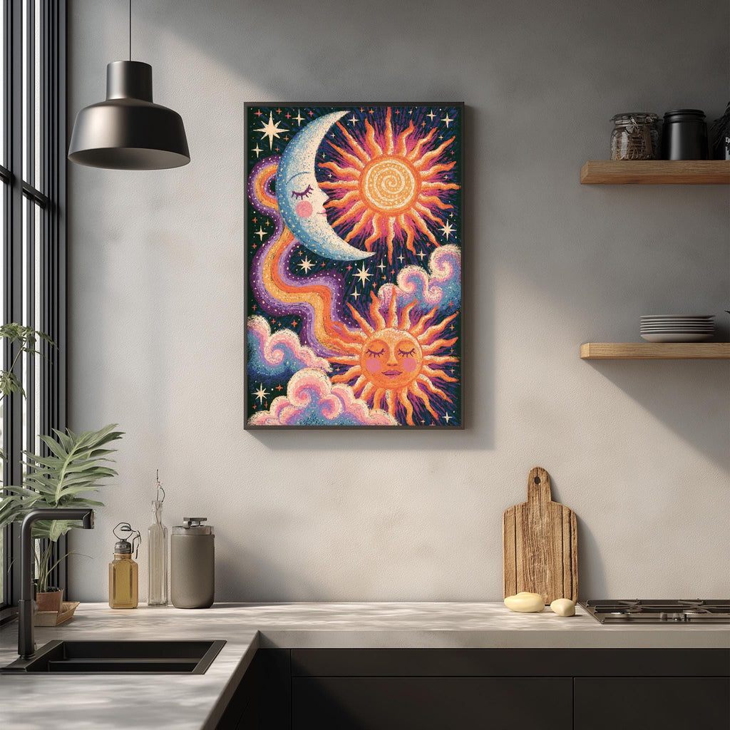 a vibrant, colorful painting of a crescent moon, sun, and clouds hanging on a wall above a kitchen counter.