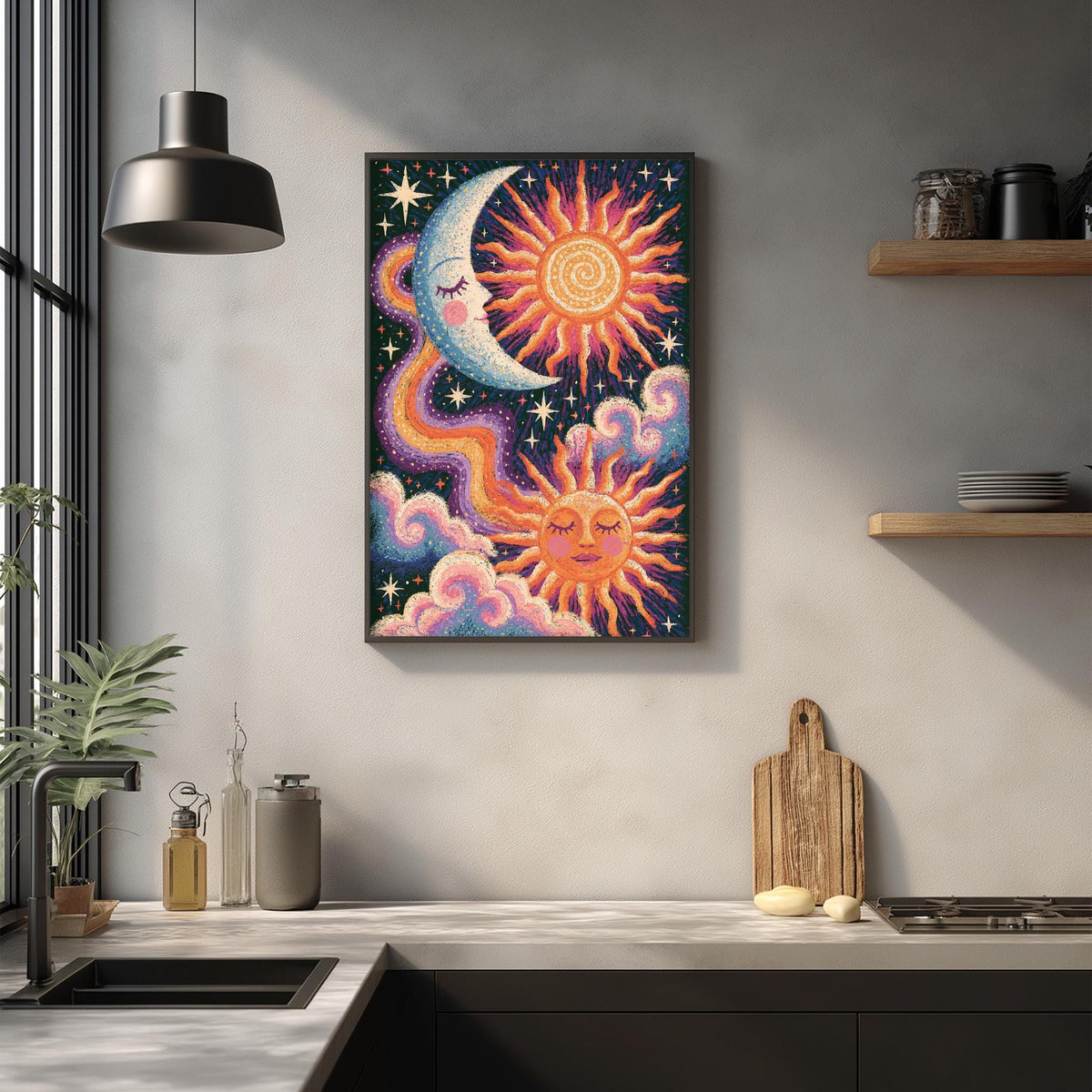 a vibrant, colorful painting of a crescent moon, sun, and clouds hanging on a wall above a kitchen counter.