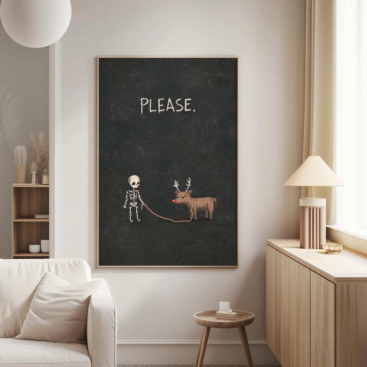a blackboard with a skeleton and reindeer on it, along with the word "PLEASE" written on it.