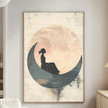 a living room with a large framed artwork of a woman sitting on a crescent moon hanging on the wall.