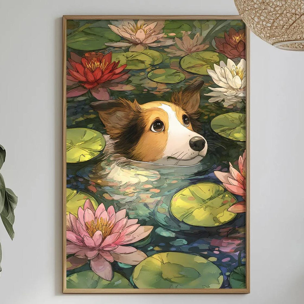 a framed painting of a dog swimming in a pond filled with lily pads, surrounded by various plants and flowers.