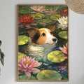 a framed painting of a dog swimming in a pond filled with lily pads, surrounded by various plants and flowers.