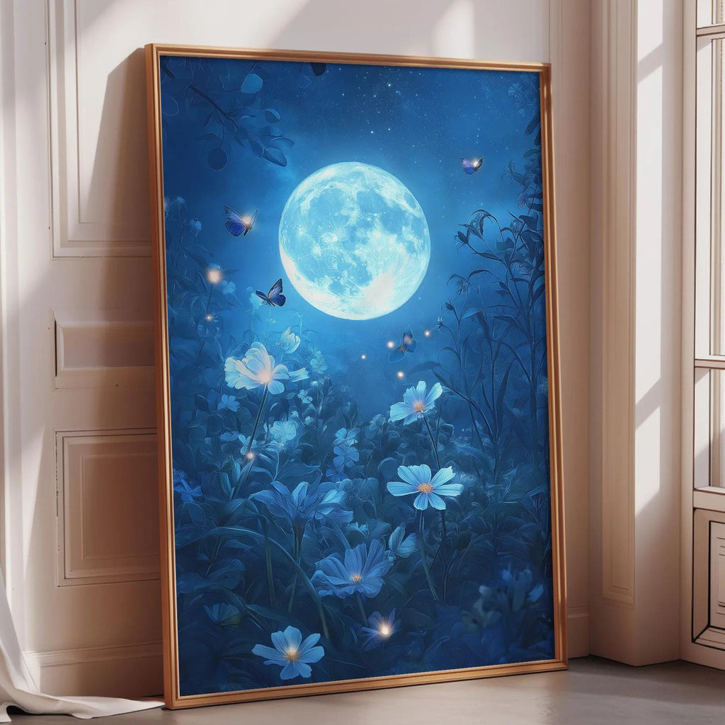 a large, framed painting depicting a serene night scene with a full moon illuminating a field of flowers and butterflies.