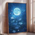 a large, framed painting depicting a serene night scene with a full moon illuminating a field of flowers and butterflies.