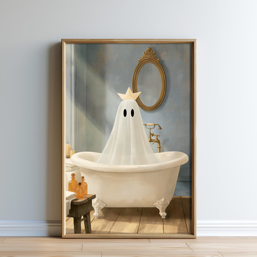 A framed image depicting a ghost-like figure sitting in a white bathtub, with a mirror and other bathroom items visible in the background.