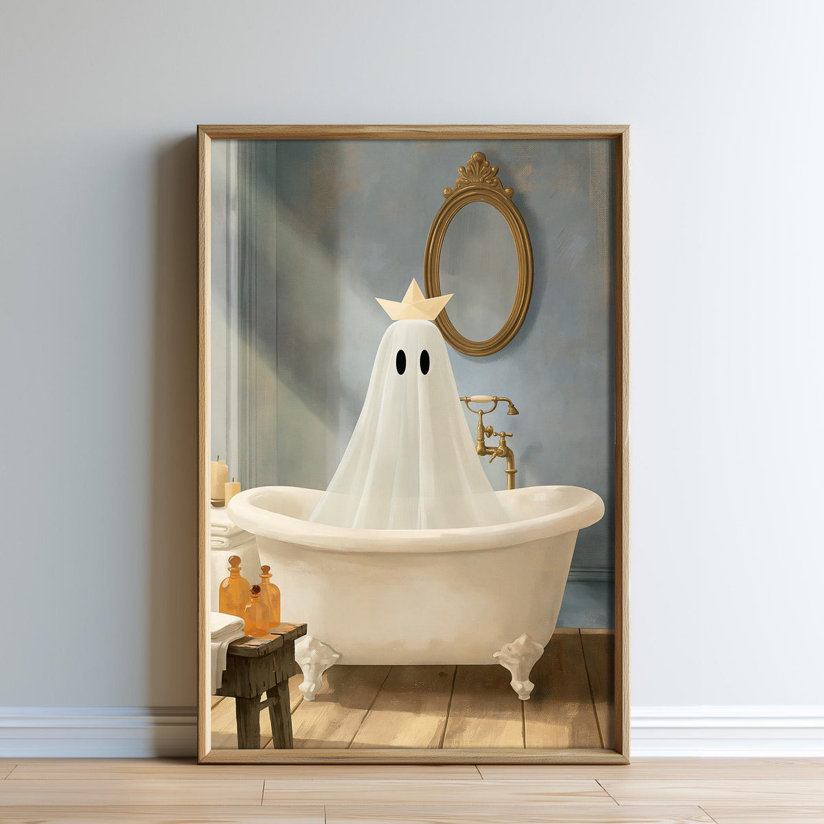 A framed image depicting a ghost-like figure sitting in a white bathtub, with a mirror and other bathroom items visible in the background.