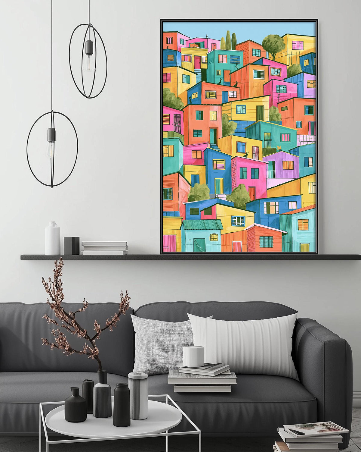 a modern living room with a gray sofa, a coffee table, and a large, colorful painting of a cityscape hanging on the wall above the sofa.