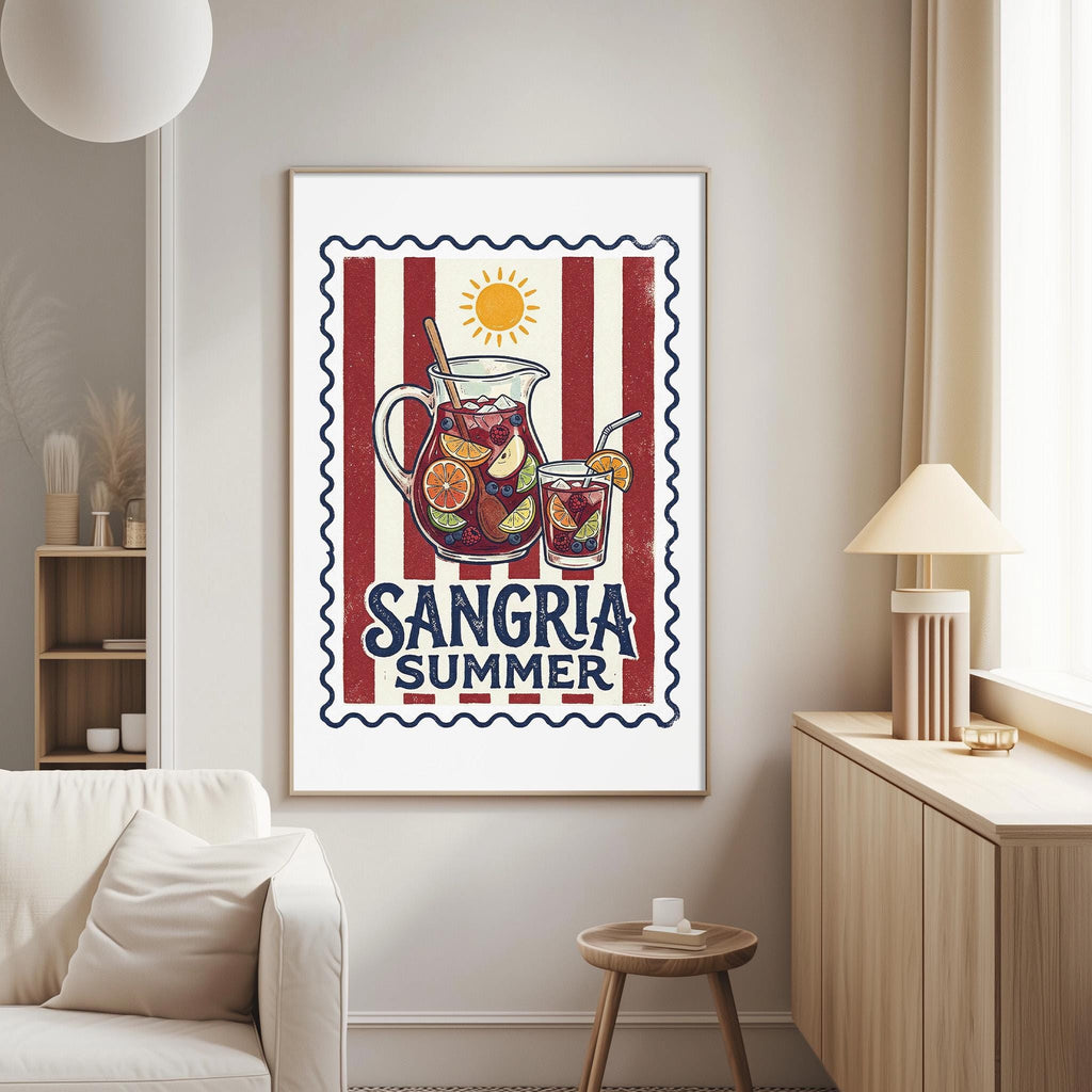 a poster of a pitcher of Sangria, a summer drink, hanging on a wall in a living room.
