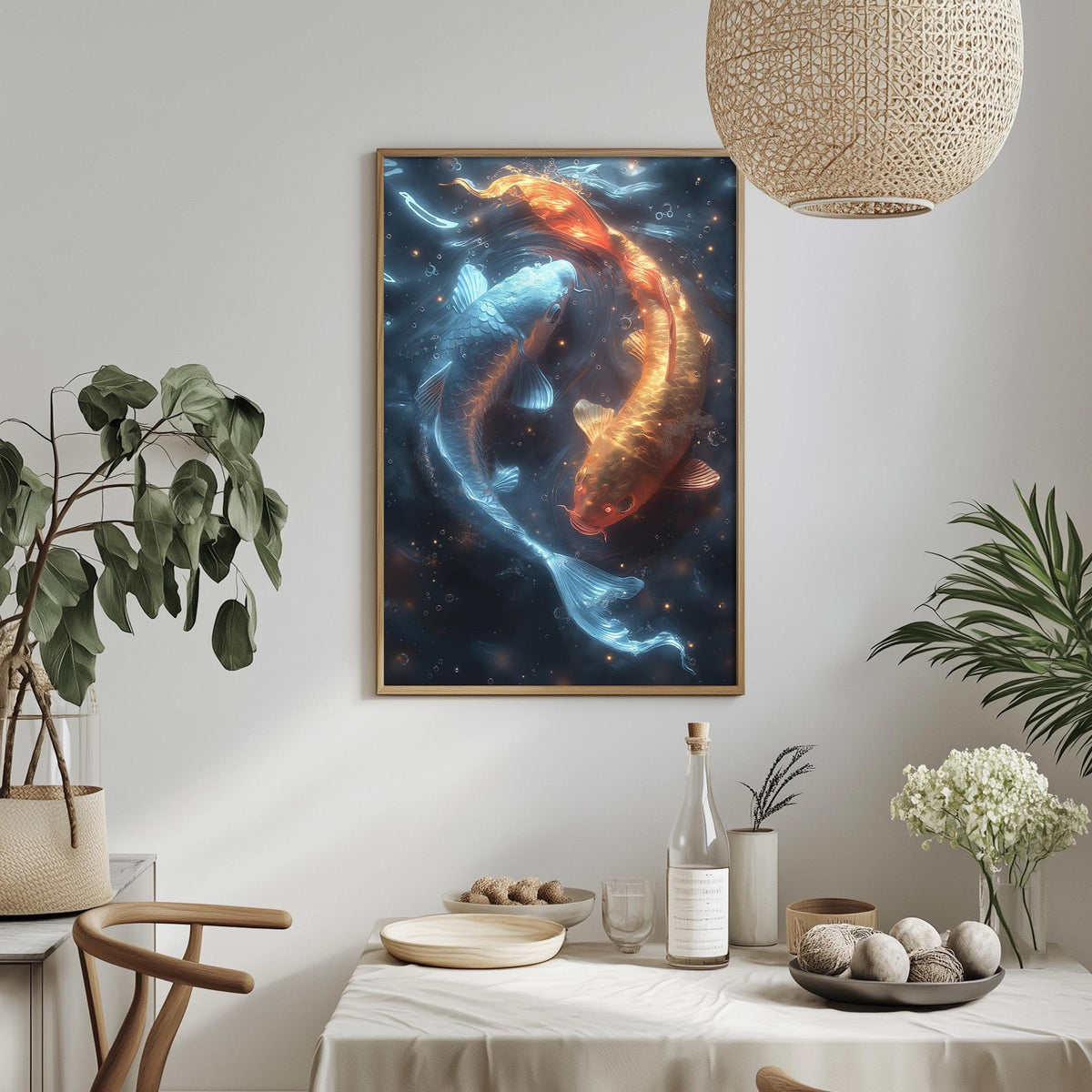 a framed artwork of two koi fish swimming in a blue and orange underwater scene, hanging on a wall above a dining table with various decorative items and plants.