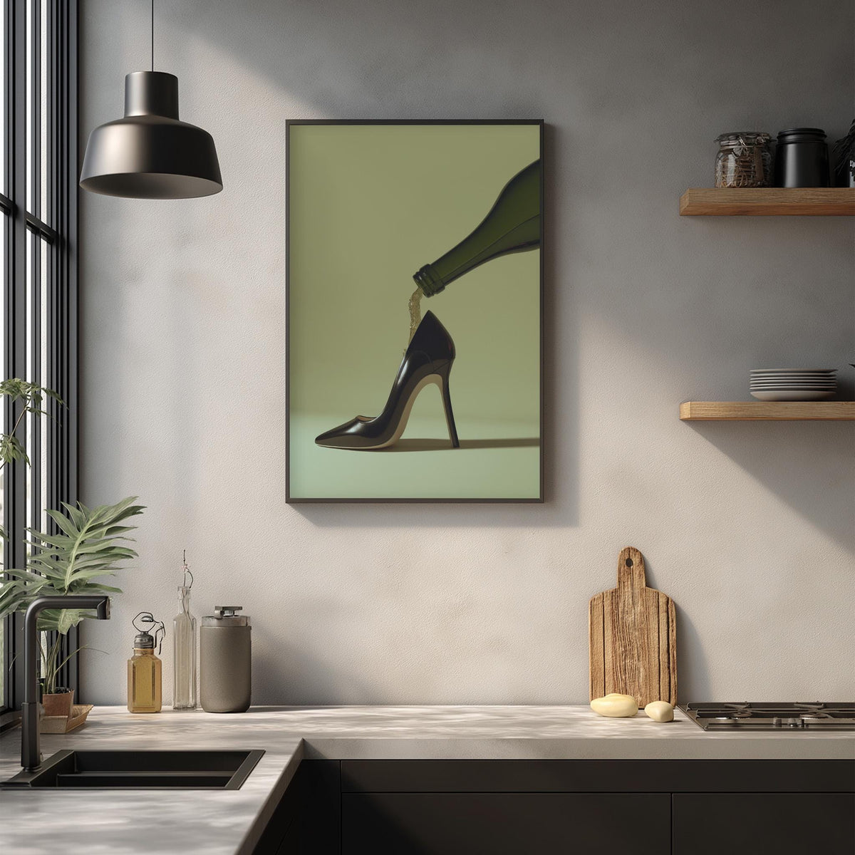 a kitchen counter with various items, including a framed picture of a high-heeled shoe, a cutting board, and a potted plant.