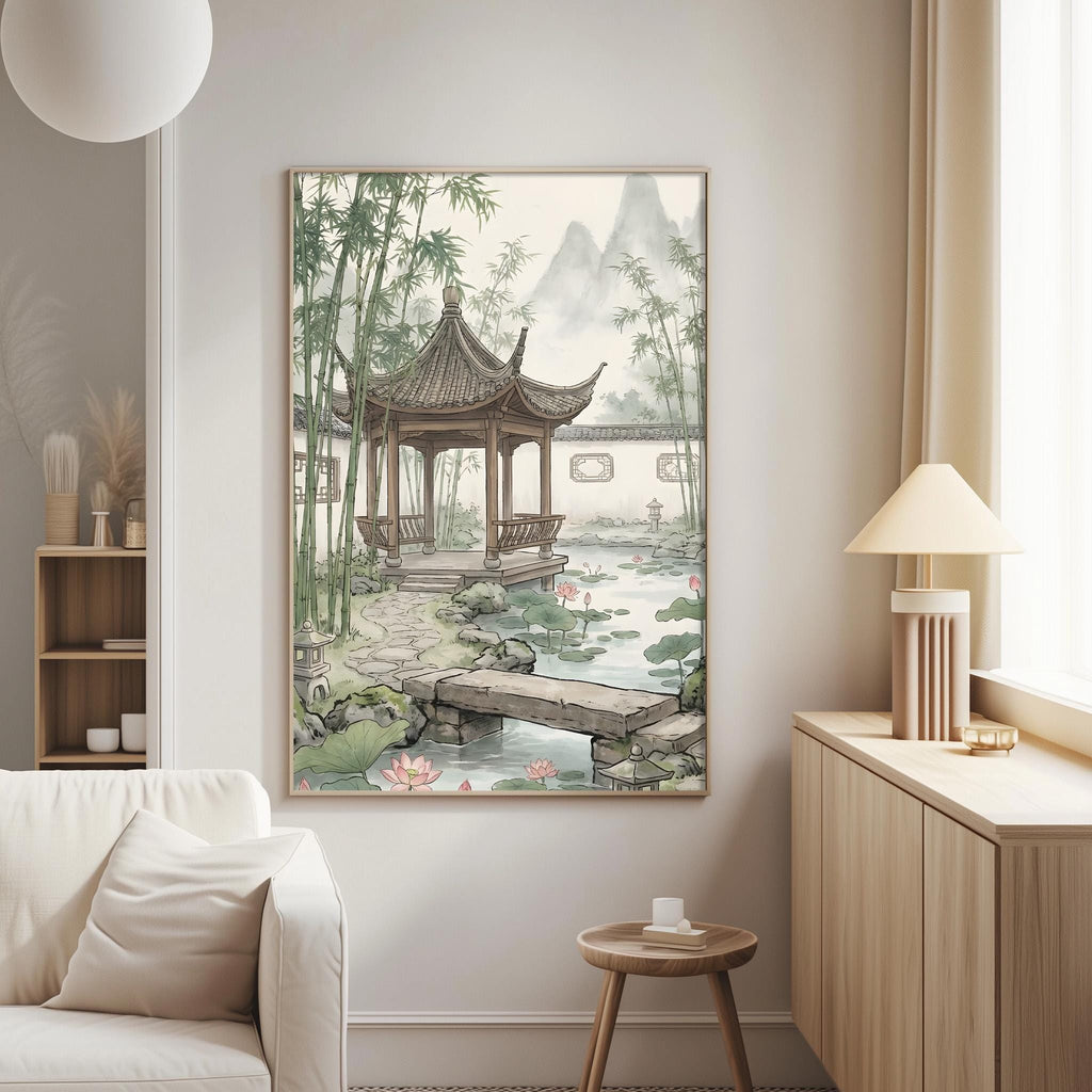 a serene and tranquil living room with a large painting of a traditional Chinese pavilion and a pond with lotus flowers as the centerpiece. The painting is hung on the wall, adding a touch of elegance and cultural charm to the space. The room is furnished with a white sofa, a wooden side table, and a lamp, creating a cozy and inviting atmosphere.