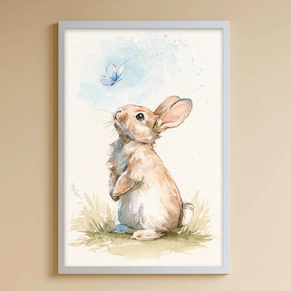 A cozy children's room with a white bookshelf, a plush bunny, and a toy train. The walls are painted a light peach color, and there is a framed picture of a rabbit on the wall.