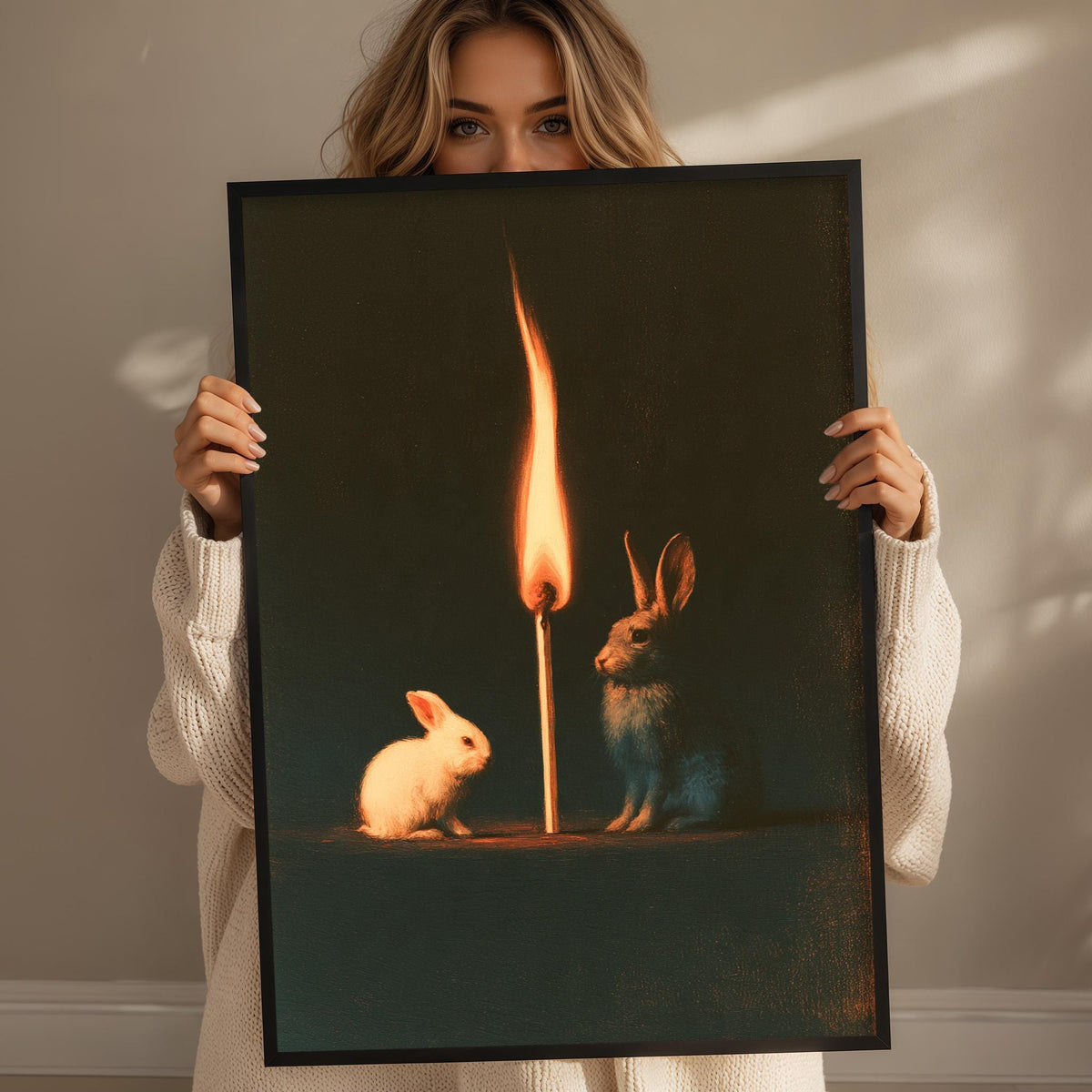 A woman holds up a framed image depicting two rabbits, one white and one brown, sitting on a table with a lit match between them.