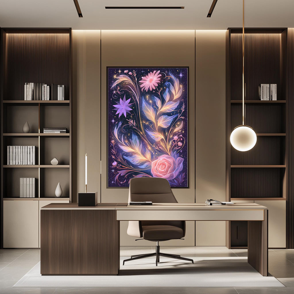 a modern and stylish office space with a large, colorful painting of flowers and plants hanging on the wall above a wooden desk. The desk is positioned in front of the painting, creating a focal point in the room. The office also features built-in bookshelves and a pendant light, contributing to the overall contemporary design.