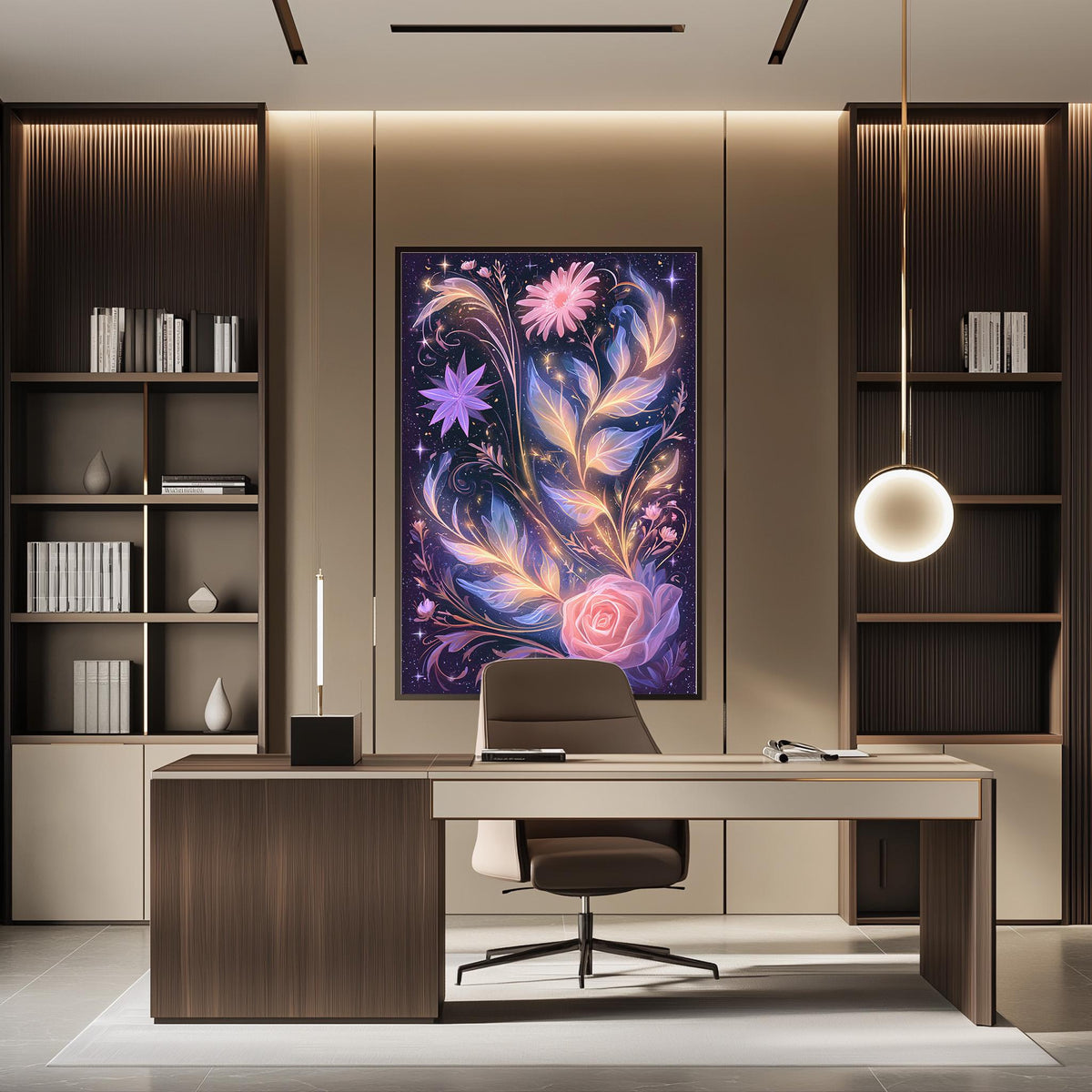a modern and stylish office space with a large, colorful painting of flowers and plants hanging on the wall above a wooden desk. The desk is positioned in front of the painting, creating a focal point in the room. The office also features built-in bookshelves and a pendant light, contributing to the overall contemporary design.