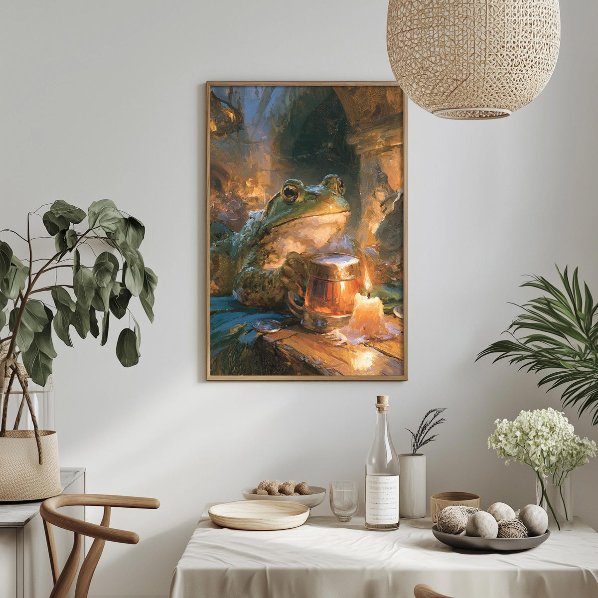 a large painting of a frog sitting on a table, holding a cup, surrounded by various decorative elements such as plants, vases, and bowls.