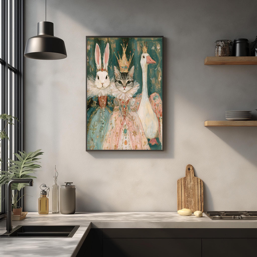 a kitchen counter with a framed painting of three animals - a cat, a rabbit, and a duck - wearing regal crowns and costumes. The painting is hanging on the wall above the counter.