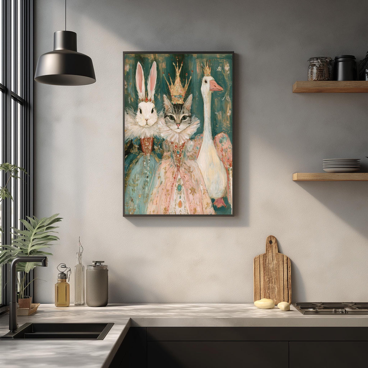 a kitchen counter with a framed painting of three animals - a cat, a rabbit, and a duck - wearing regal crowns and costumes. The painting is hanging on the wall above the counter.