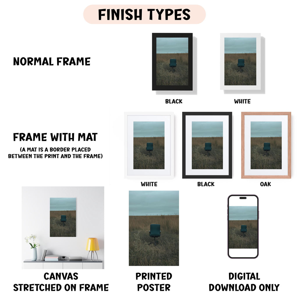 various types of framed artwork, including a normal frame, a frame with a mat, a white frame, a black frame, a white frame, a black frame, an oak frame, a canvas stretched on a frame, a printed poster, and a digital download only.