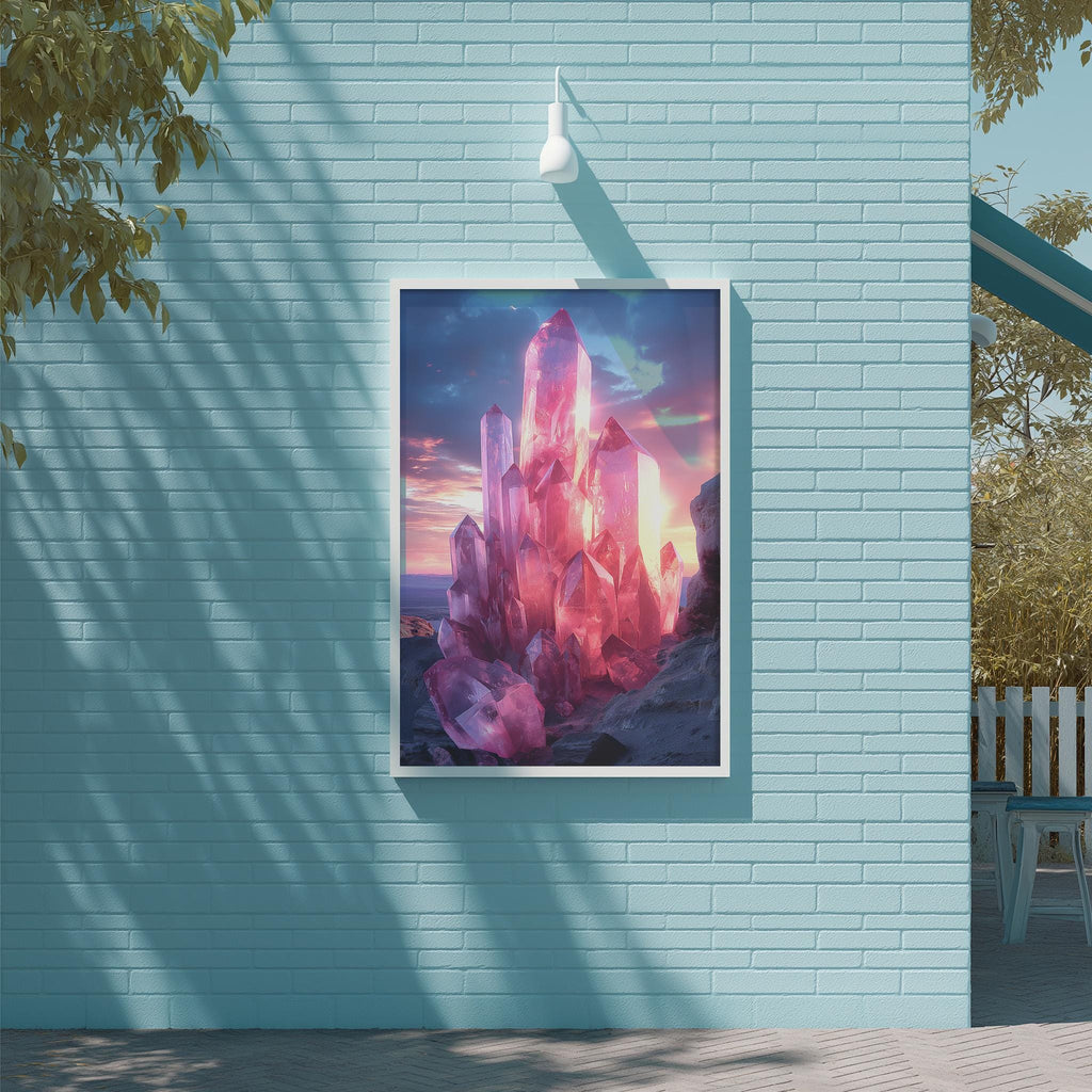 a large, colorful painting of a fantastical landscape with towering structures and a vibrant sky, hanging on a light blue brick wall.