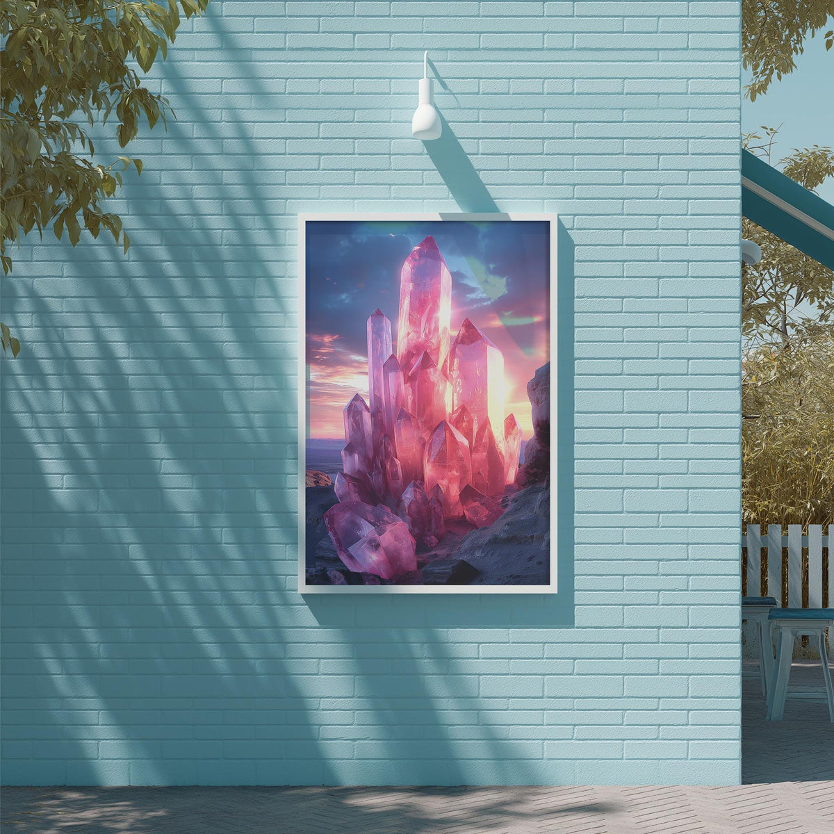 a large, colorful painting of a fantastical landscape with towering structures and a vibrant sky, hanging on a light blue brick wall.