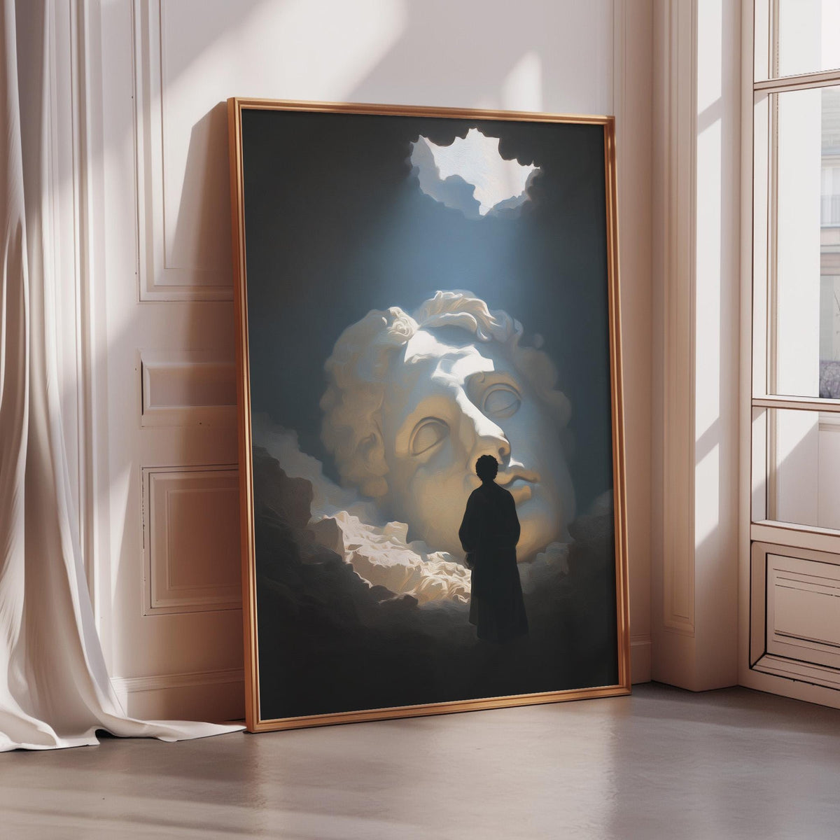a large framed painting depicting a person standing in front of a large white sculpture, with a cloud-like shape above them.