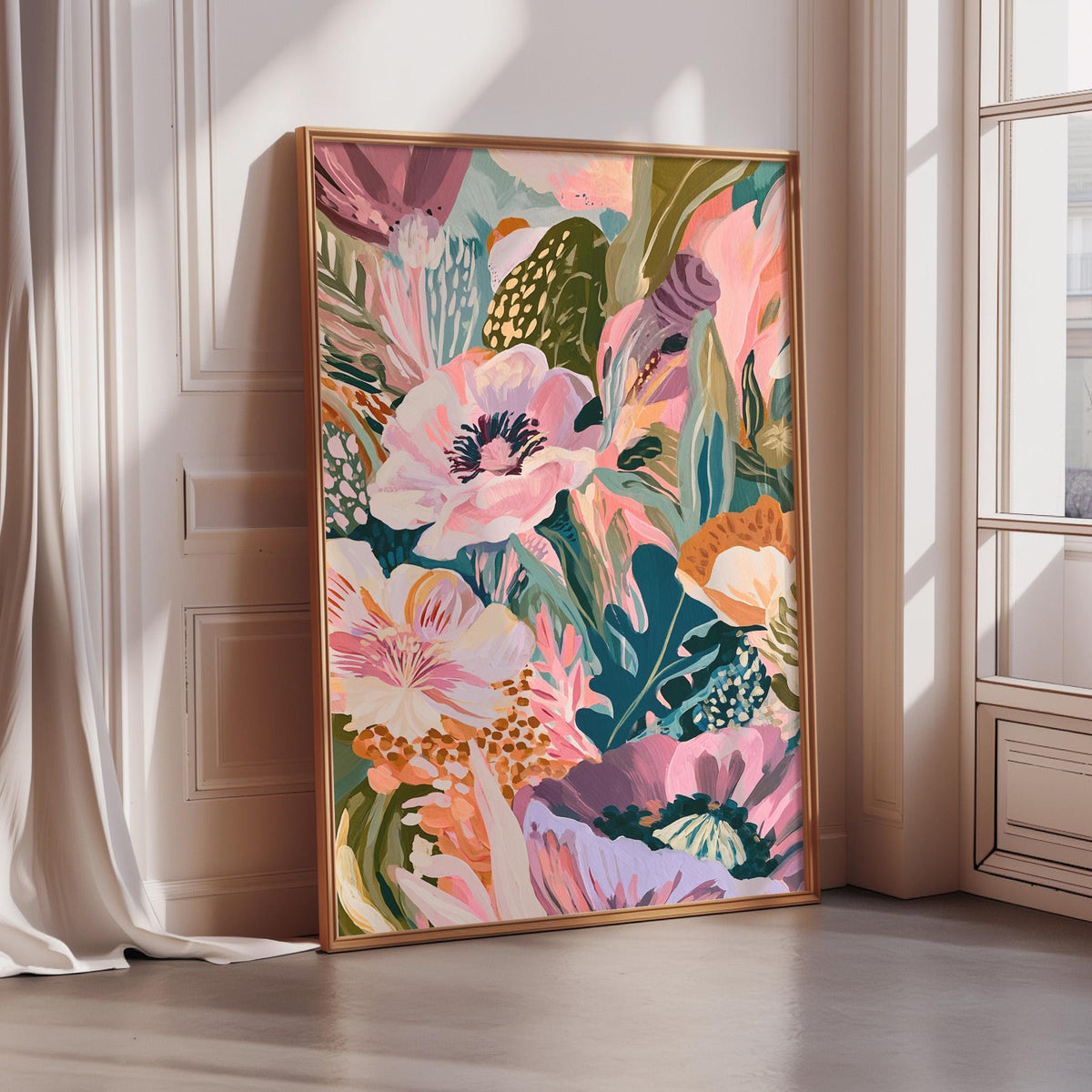 a large, colorful painting of flowers and plants displayed on a wall in a room with a window.