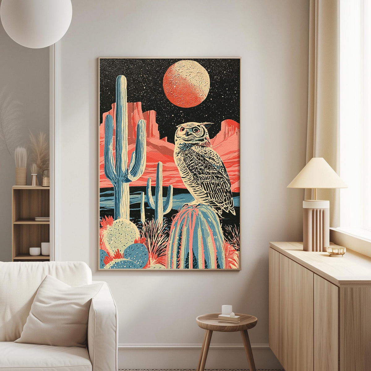 a large, colorful painting of a desert scene with a cactus, a red moon, and an owl perched on a rock. The painting is hung on a wall in a living room setting, with a white couch and a lamp visible in the background.