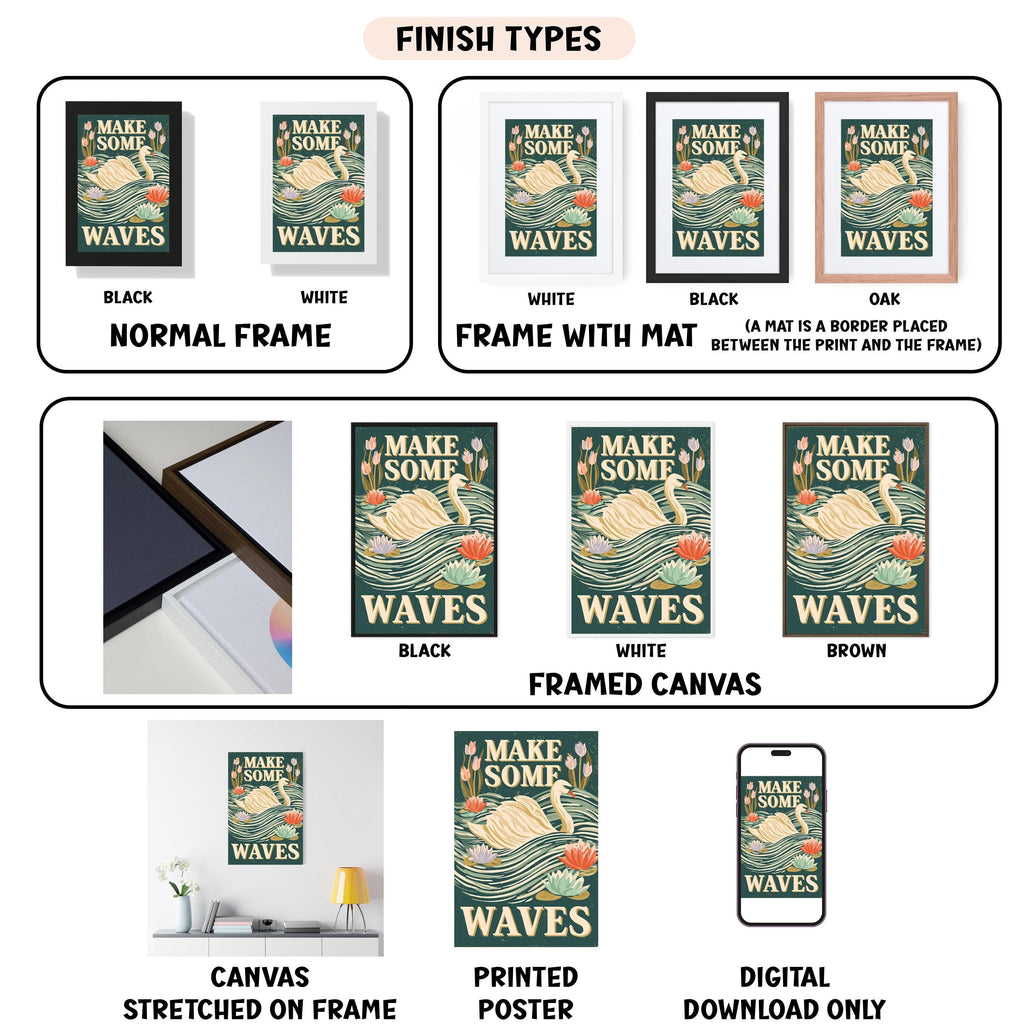 various images of a poster or artwork with the title "MAKE SOME WAVE" and illustrations of waves and a turtle. The images are presented in different frame types, such as black, white, and framed canvas, as well as stretched on a frame and printed poster. The image also includes a digital download option, indicating that the content is available in multiple formats.