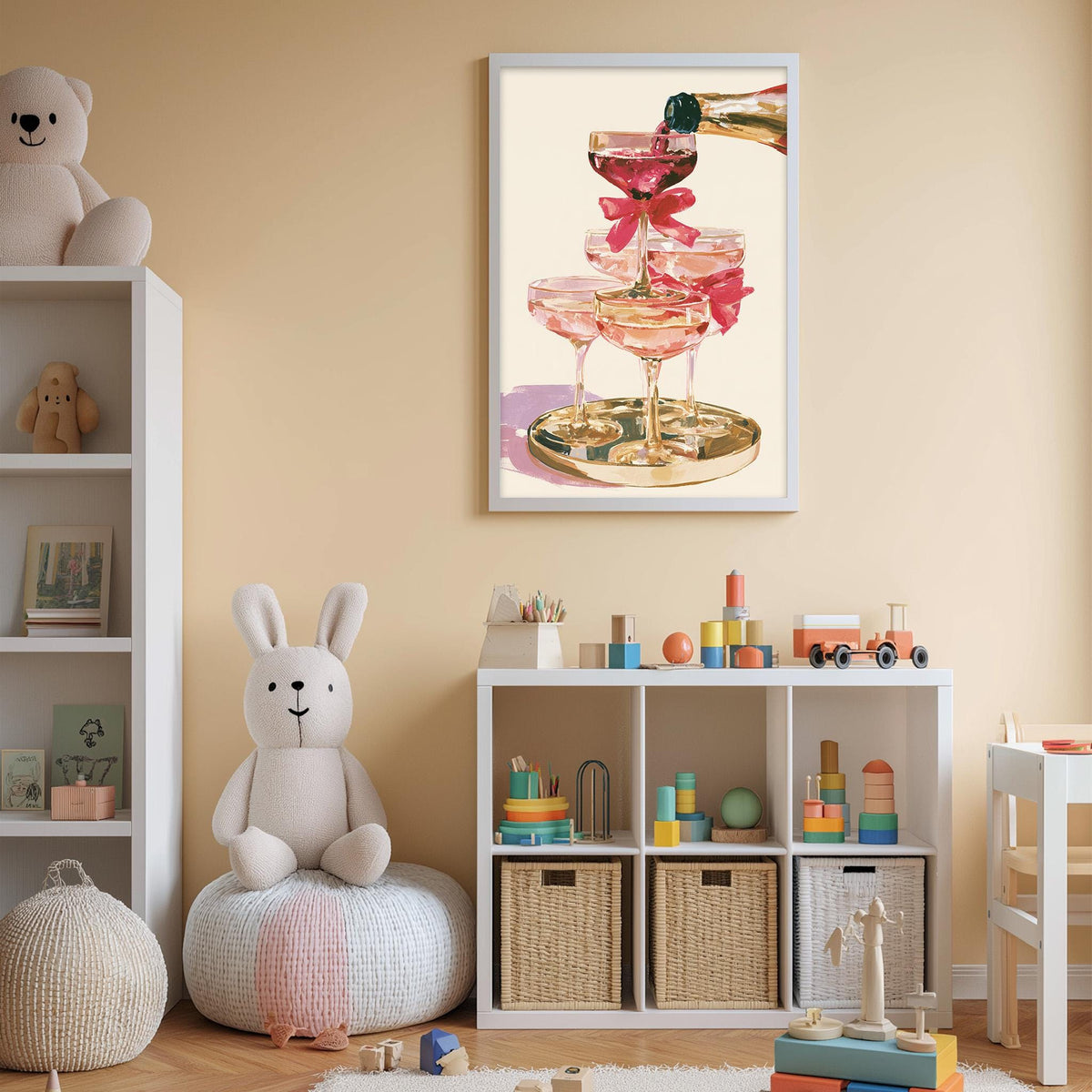 a cozy and colorful nursery room with a white bookshelf, a plush rabbit, and a framed picture of champagne glasses on a tray.