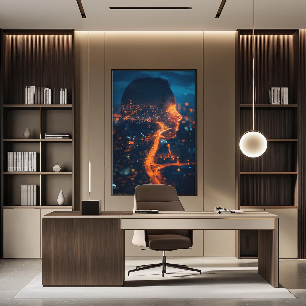 a modern office space with a large framed artwork depicting a woman's face with a glowing, abstract design in the background. The office has a wooden desk, a comfortable-looking chair, and a bookshelf filled with books. The overall design and decor create a professional and stylish atmosphere.