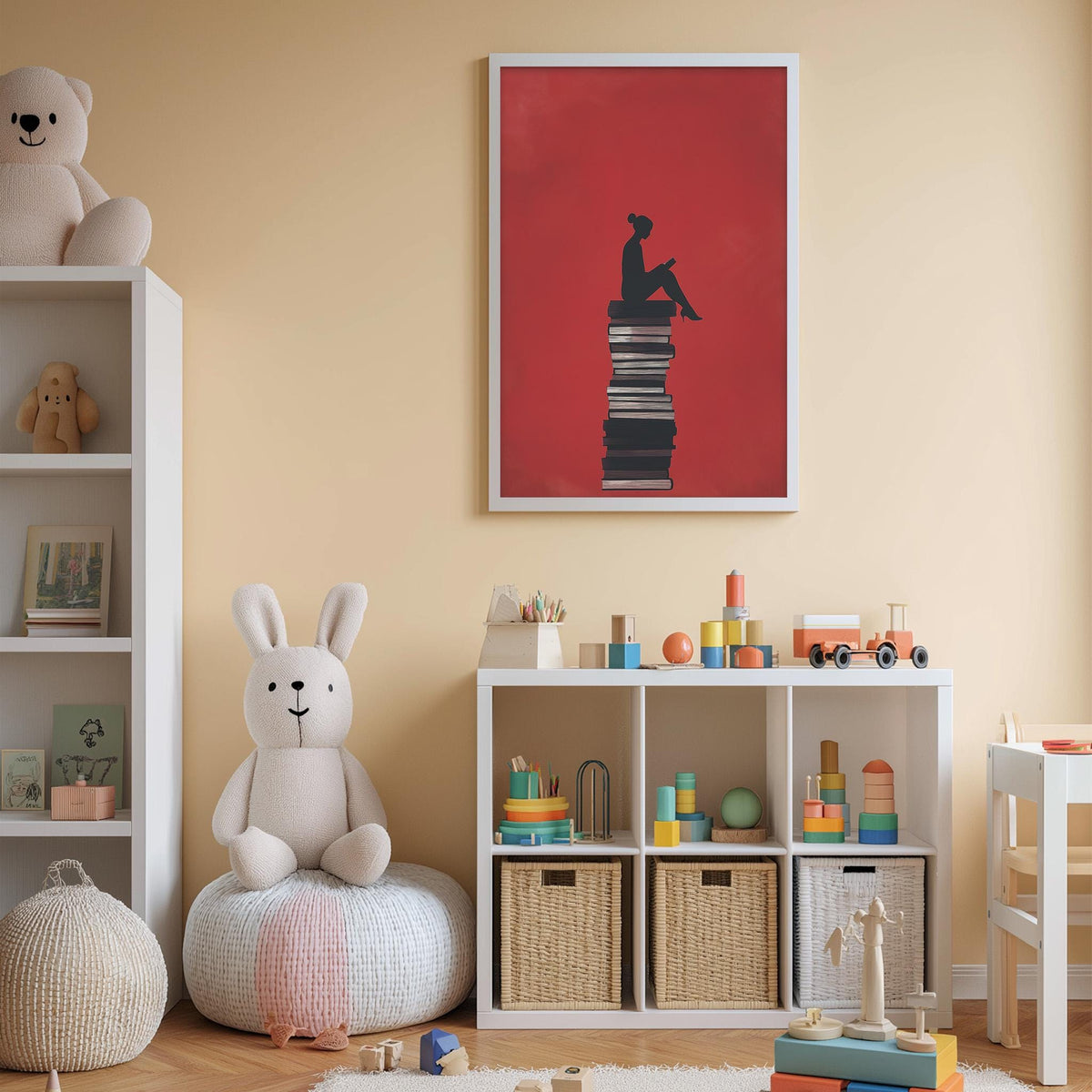 A cozy children's room with a white bookshelf, a plush white bunny, and a colorful toy box filled with toys. A framed artwork of a person sitting on a stack of books is displayed on the wall above the bookshelf.